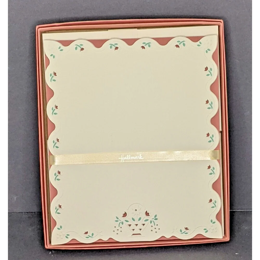 Vintage Hallmark Stationery Set #ST273-5 Floral Scalloped Edge Cream w/ Rust 2nd